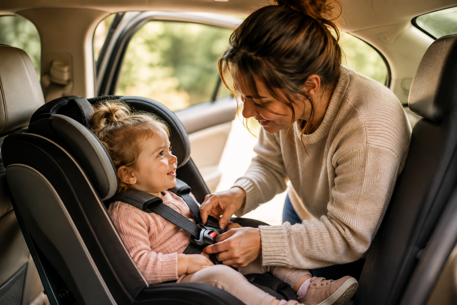 Mother buckling toddler into car seat